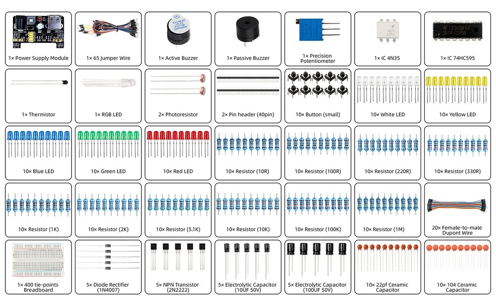 Basic Starter Kit With Breadboard Power Supply Jumper Wires Resistors Led Compat