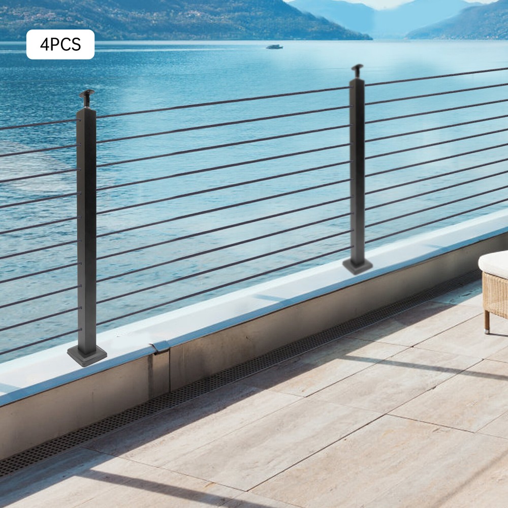4pcs Cable Railing Posts Deck Railing 36"x2"x2"  Black Posts With Holes