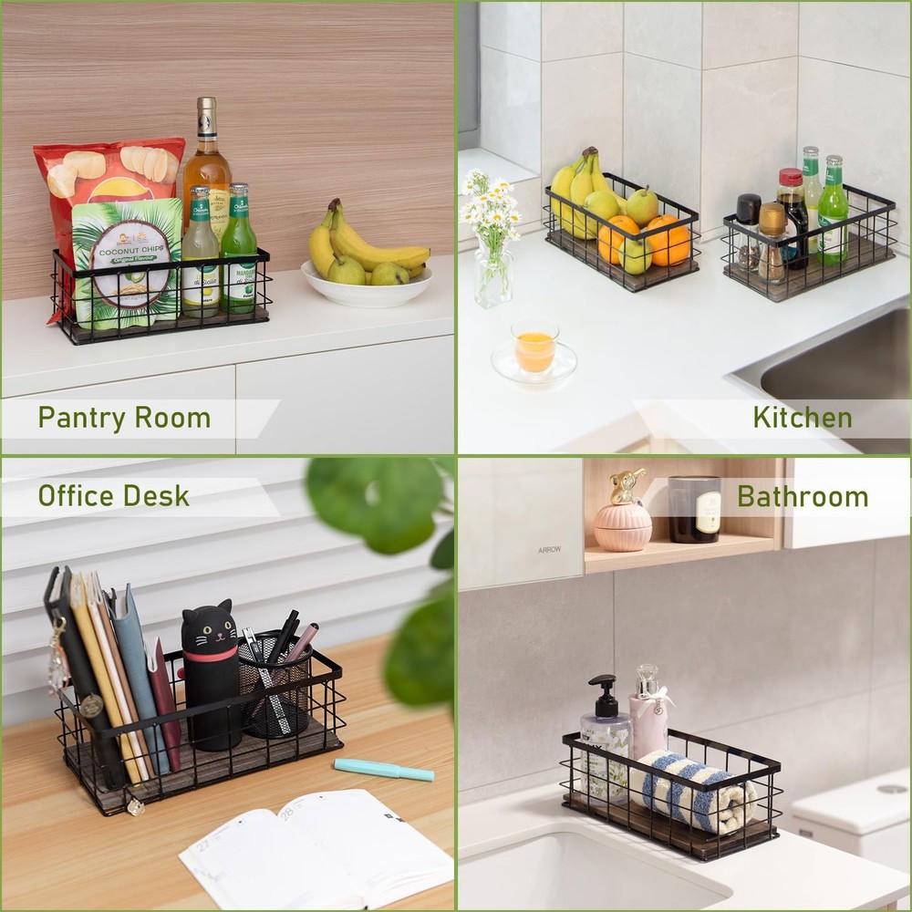 Small Metal Wire Storage Basket, Decorative Wood Base Organizer Bins for Bath...