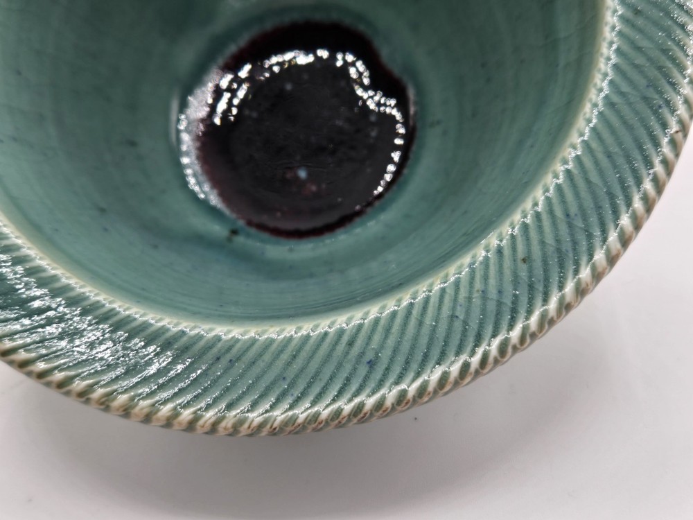 Ceramic Planter Celedon Green Ribbed Design Footed Signed
