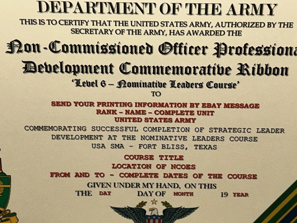 NCO PROFESSIONAL DEVELOPMENT LV-6 COMMEMORATIVE CERTIFICATE ~ W/PRINTING TYPE-1