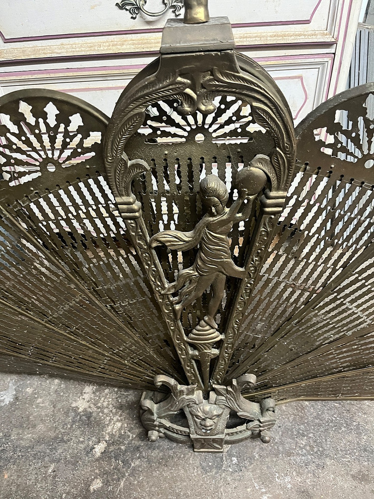 Antique embossed copper fireplace screen elephants,tools, Peacock