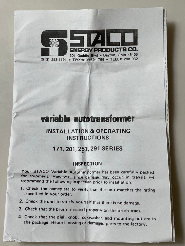 Staco Type 251 Variable Autotransformer - Panel Mount