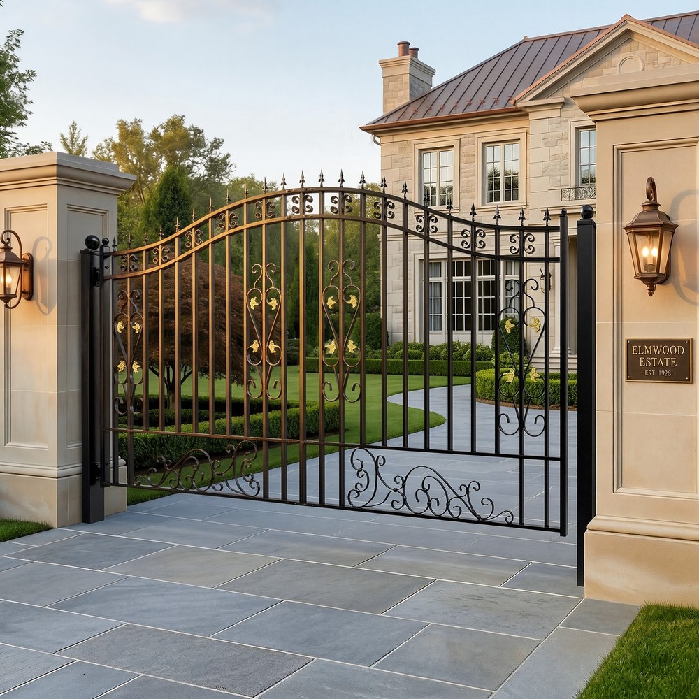 ZUMI 12x6 ft Single Swing Driveway Gate Fence Security Gate Floral Scrollwork