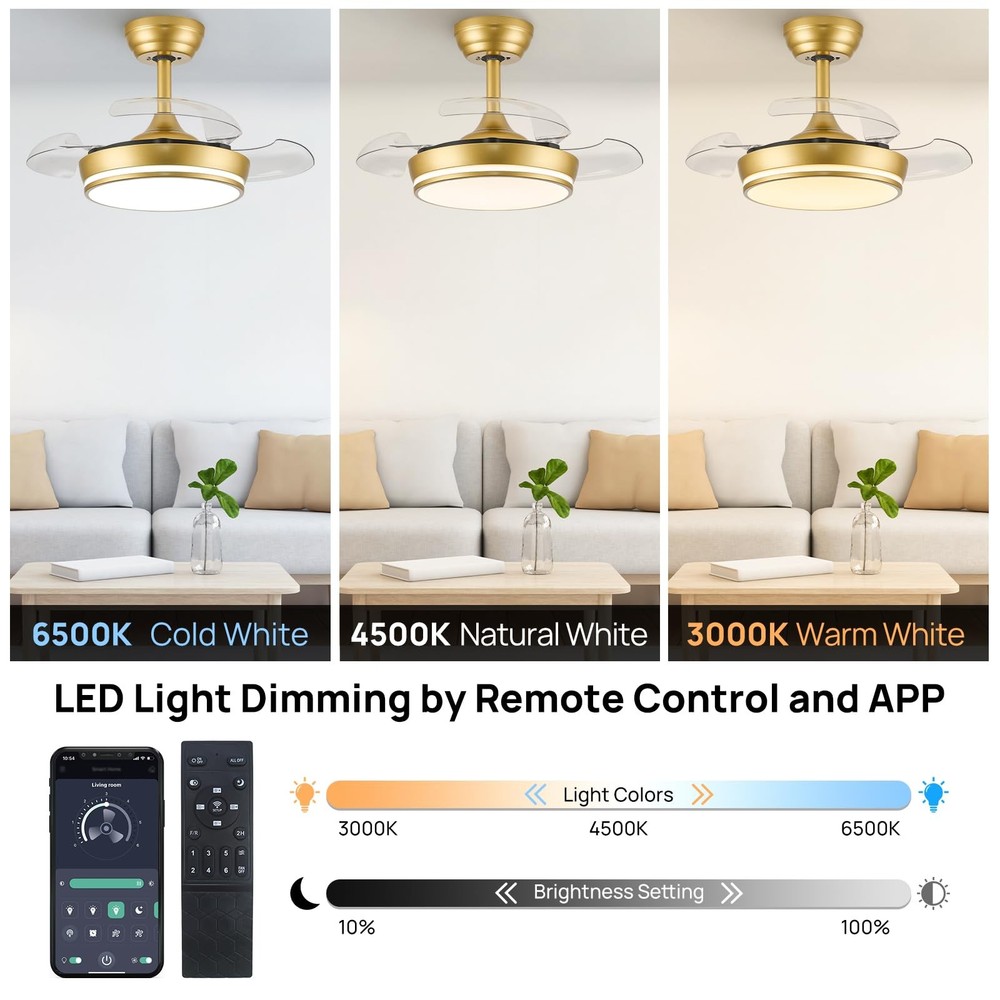 30 Retractable Ceiling Fan with Lights Dimmable LED Remote Control STERREN Fans