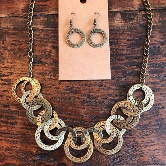 Brass Circle Statement Necklace & Earrings