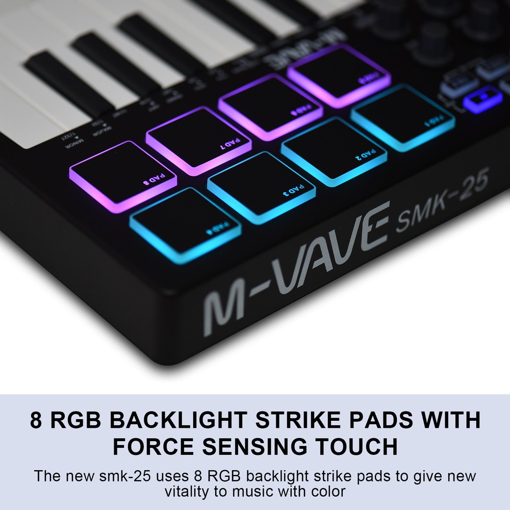 M-VAVE 25-Key USB MIDI Keyboard Controller with 8 Backlit Drum Pads 8 Knobs D9B2