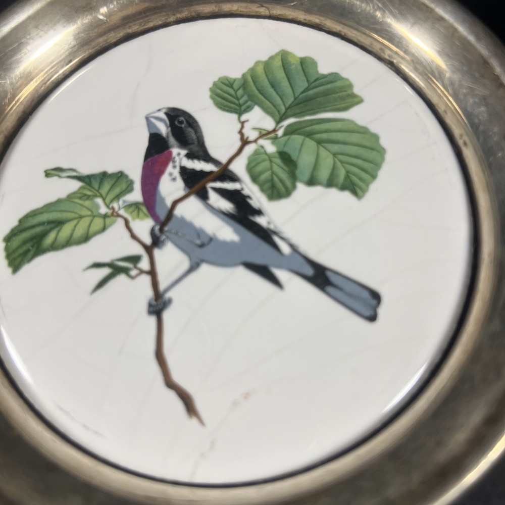 4 SHERIDAN Silver Plate/ Ceramic Tile American BIRDS Drink Coasters Barware