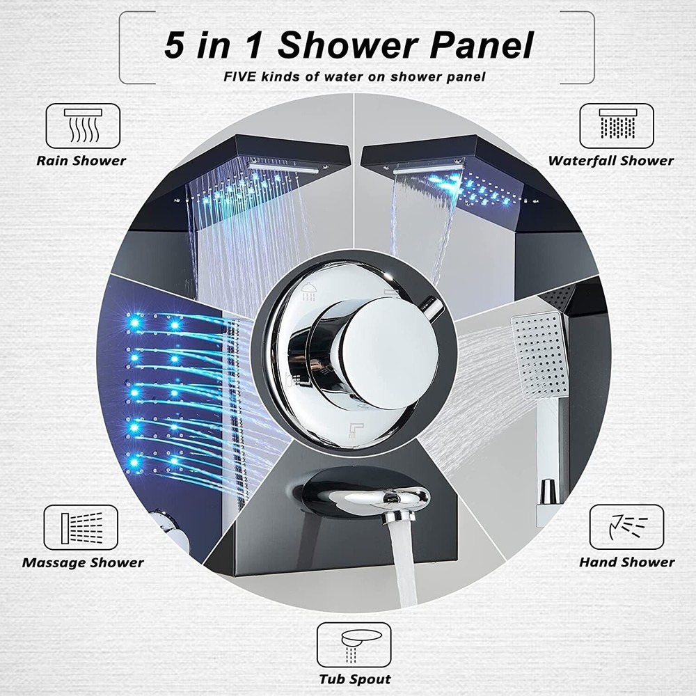 Shower Panel Tower System Faucet LED Rain&Waterfall Head 5-Function Massage Jets