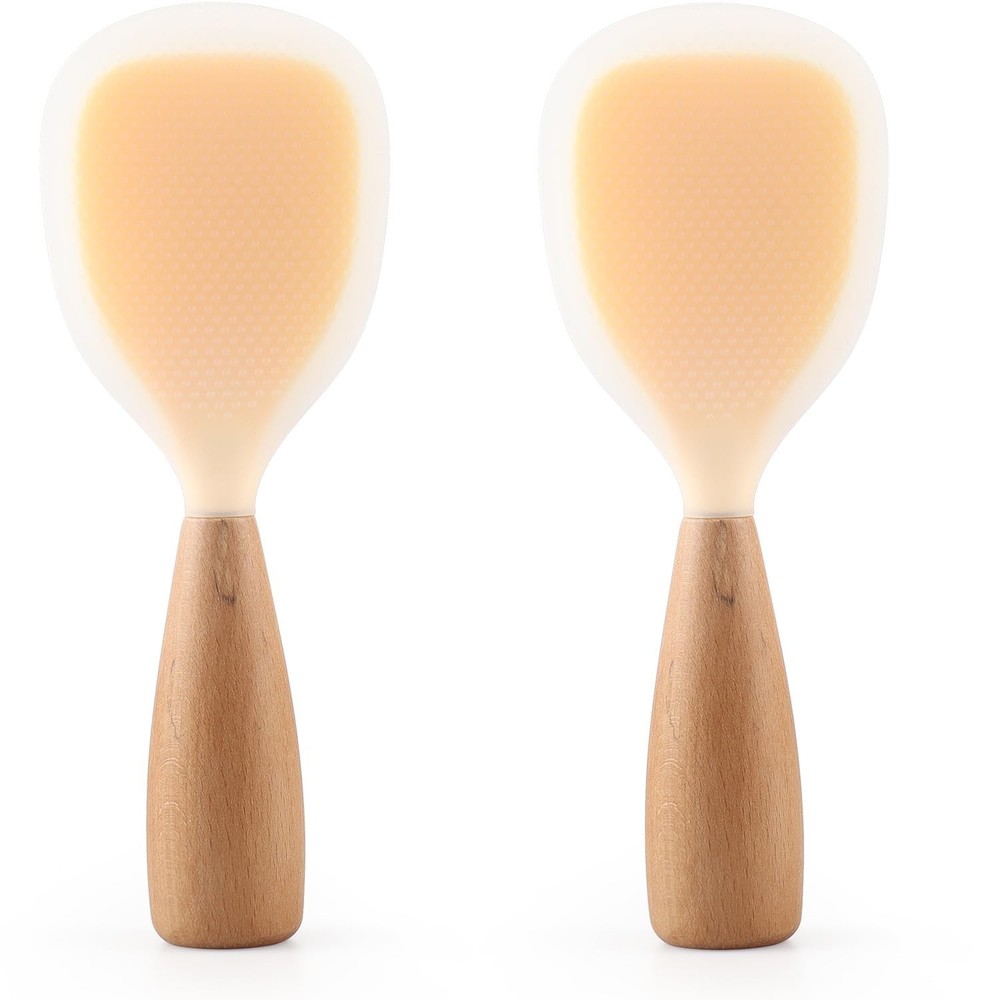 2 Pack Silicone Rice Paddle Spoon with Wood Handle, Nonstick Standing Rice Co...
