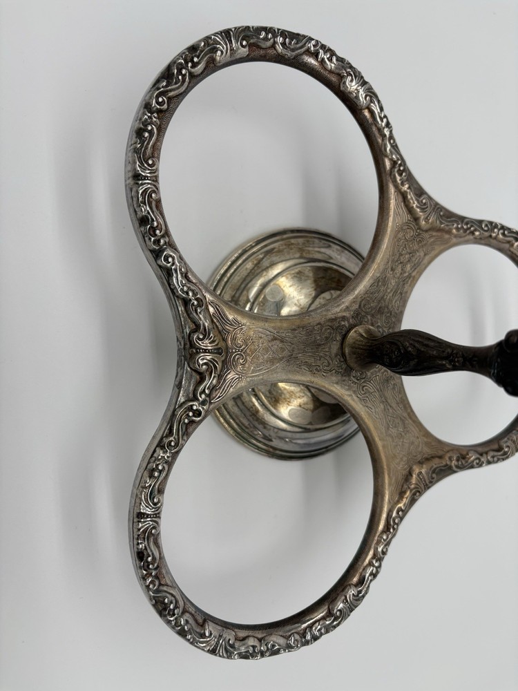 Vintage Sheridan silver-plated condiment caddy with ornate scrollwork