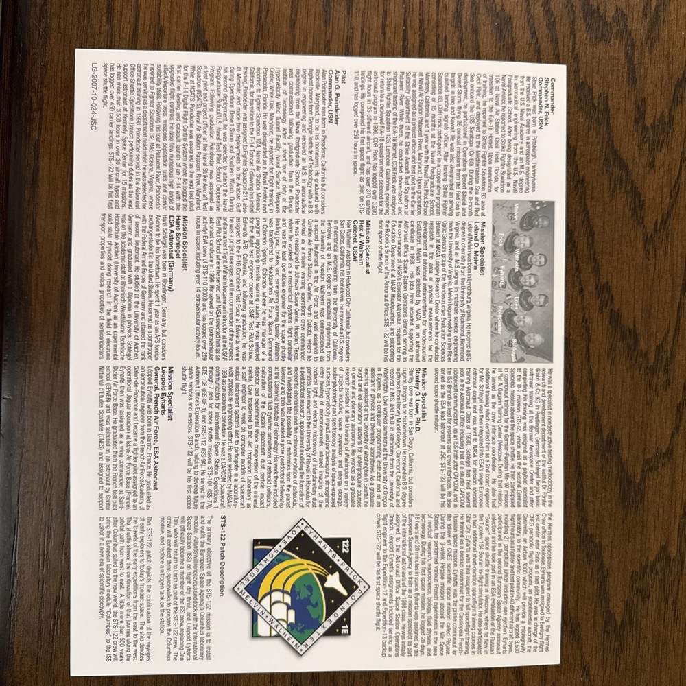 NASA Space Shuttle STS-122 Crew Lithograph (8x10)