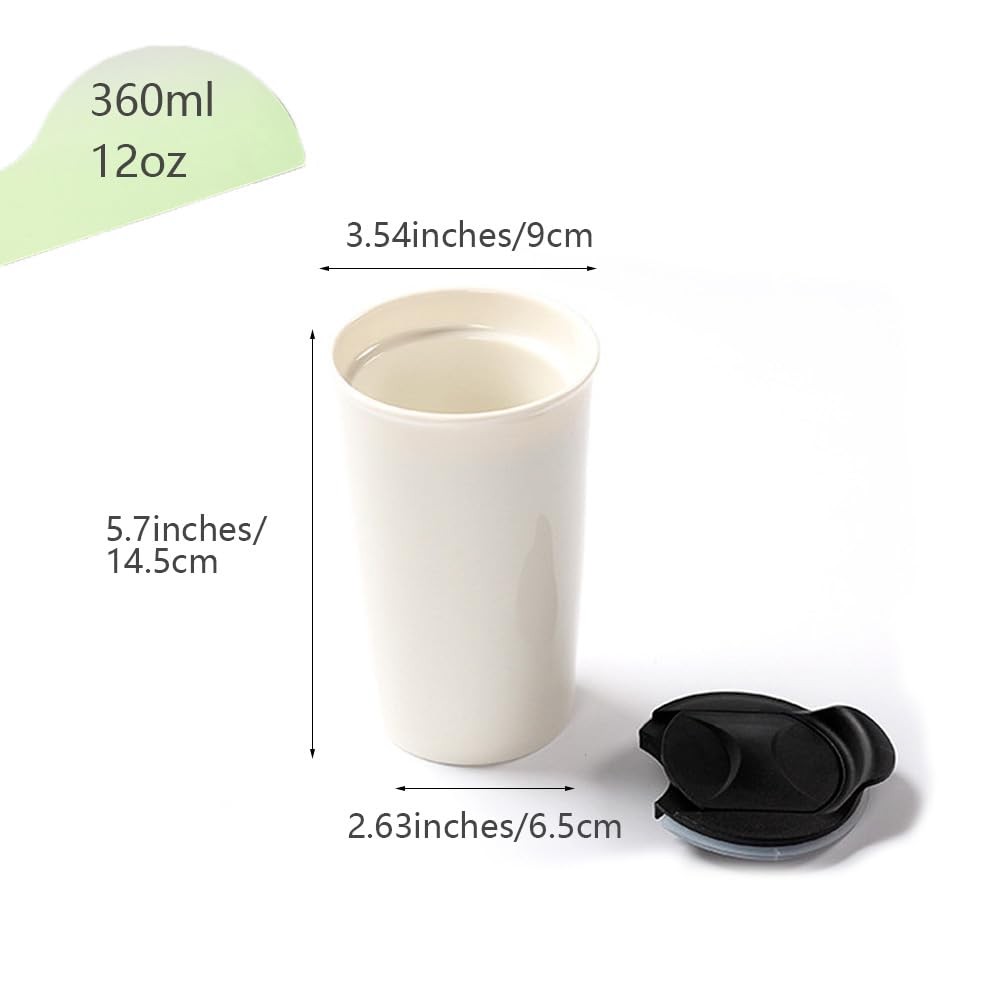 Khanjuan Double-layer Ceramic Cup with Lid, 12oz 12.2 Ounces, White