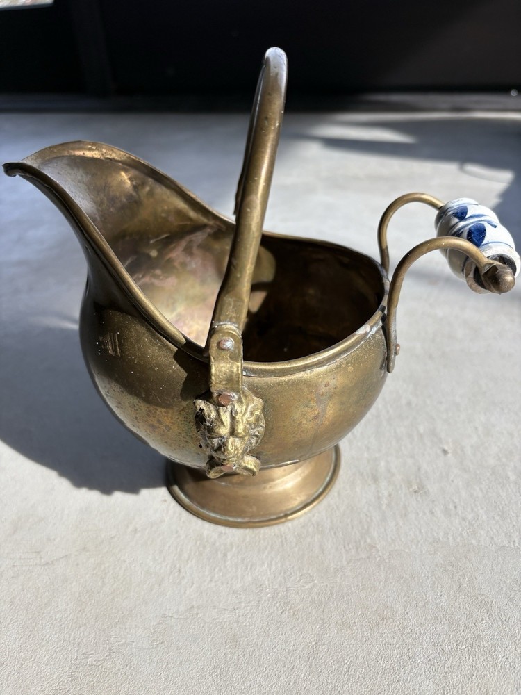 Vintage Brass Coal Scuttle Lions Head On Handle Mounts And Ceramic On Handle