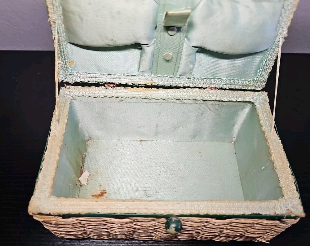 Vintage 60s Sewing Box Floral Needlepoint Wicker