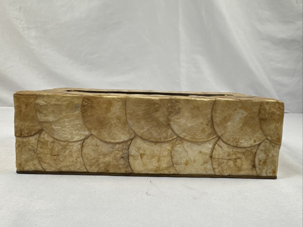 Vintage CAPIZ SHELL Brass Trim Rectangular Tissue Box Holder Cover BOHO 10"