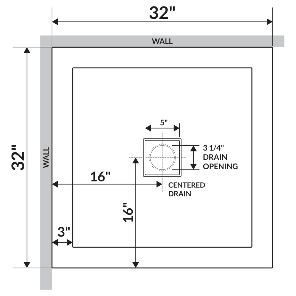 32"x32" Shower Base Pan Right Double Threshold Wall Corner Center Drain LessCare