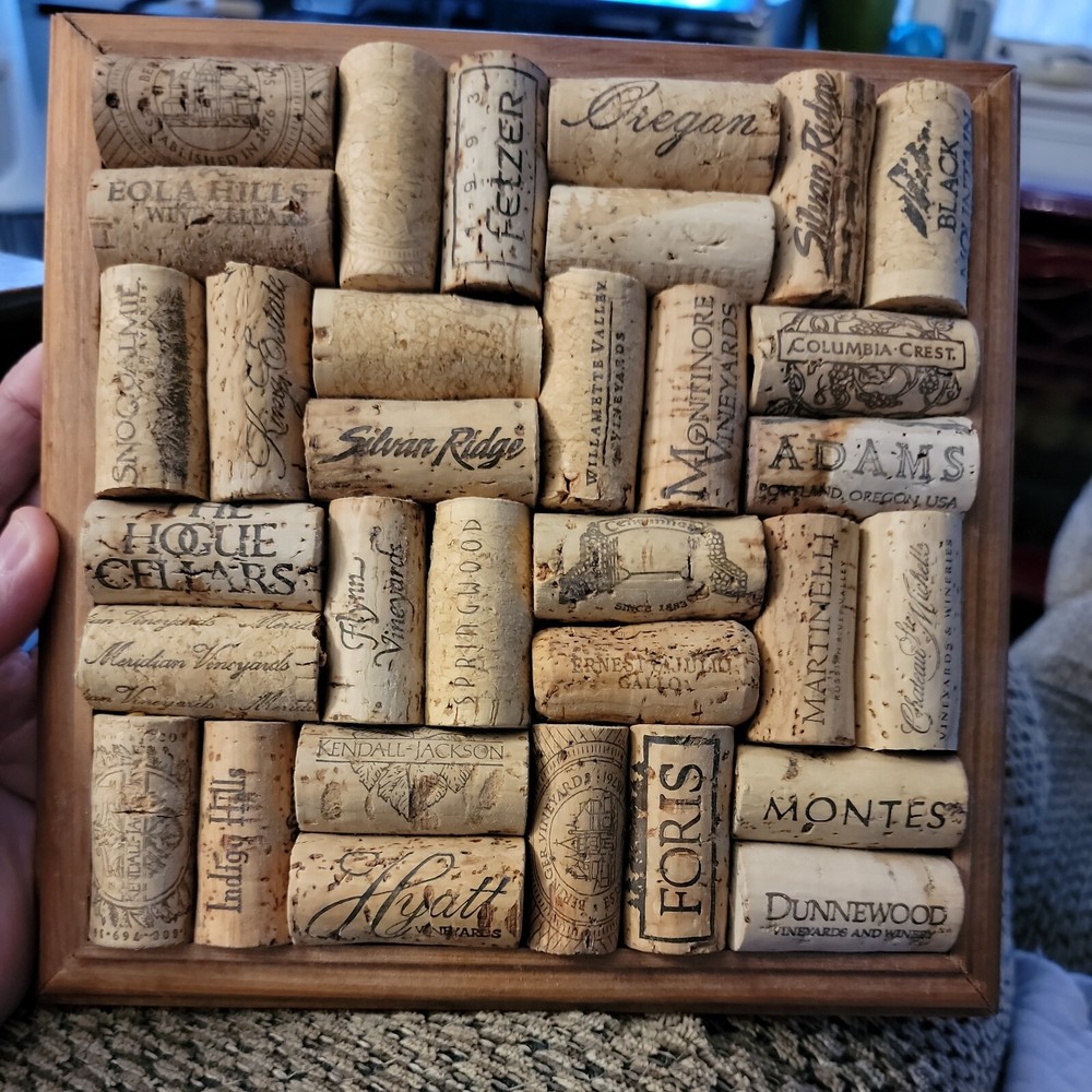 32 Assorted Wine Bottle Corks In Wood Frame 8.25" x 8.25" x 1"