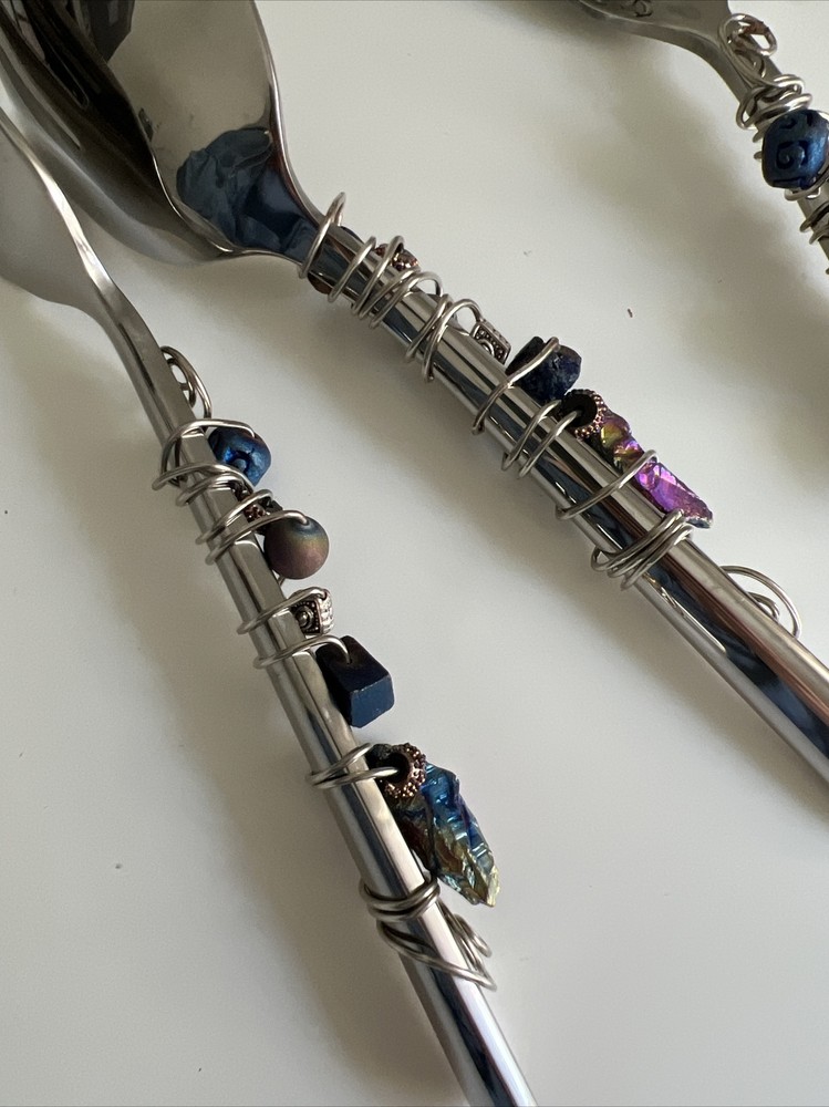 Fancy Spoon Fork Serving Utensils Bead Rock Wire Wrapped Slotted Salad Gemstone