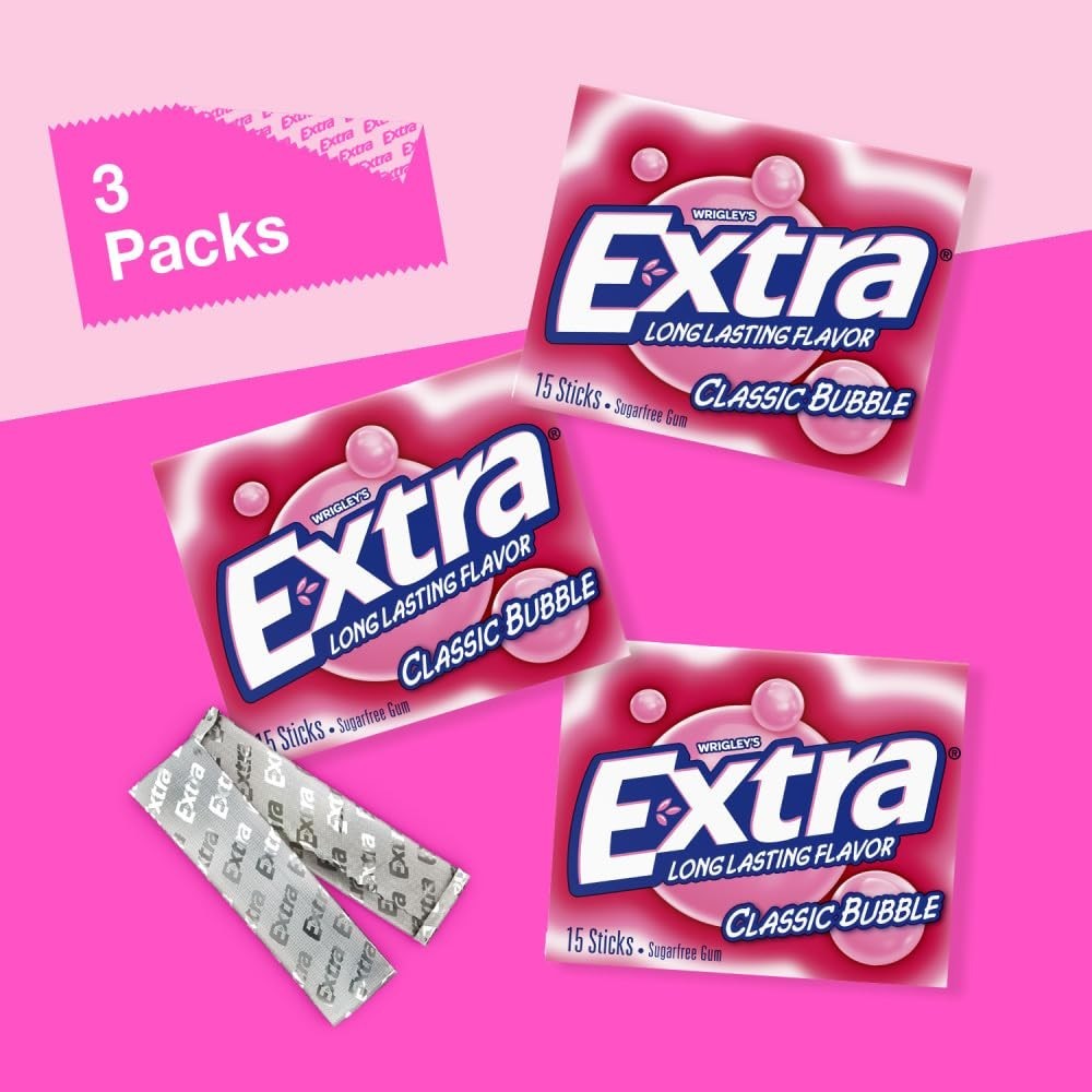 Classic Bubble Sugar Free Chewing Gum, 15 Sticks (3 Pack)