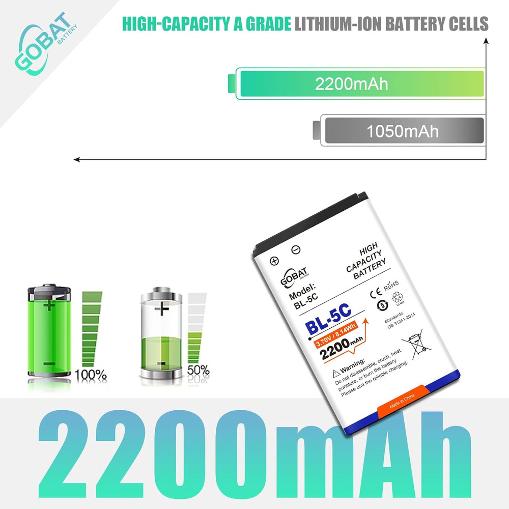 2Pcs BL-5C Battery,2200Mah High Capacity Battery Compatible for Devices Uses BL-