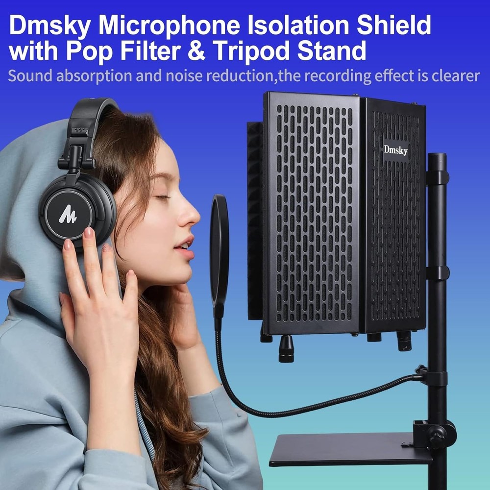 Microphone with Pop Filter & Tripod Stand, Foldable Mic Shield with Triple So...