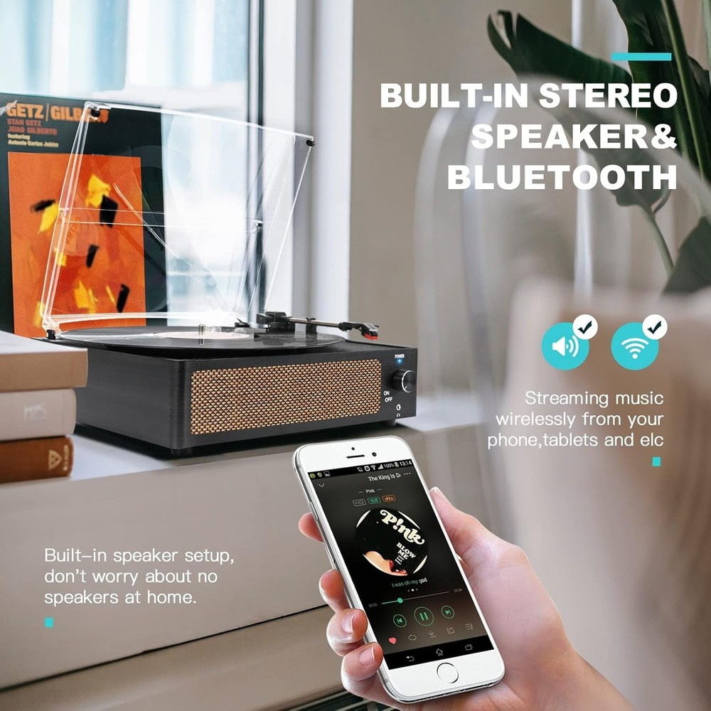 WOCKODER Record Player Bluetooth Turntable 3 Speed Built-in Speakers