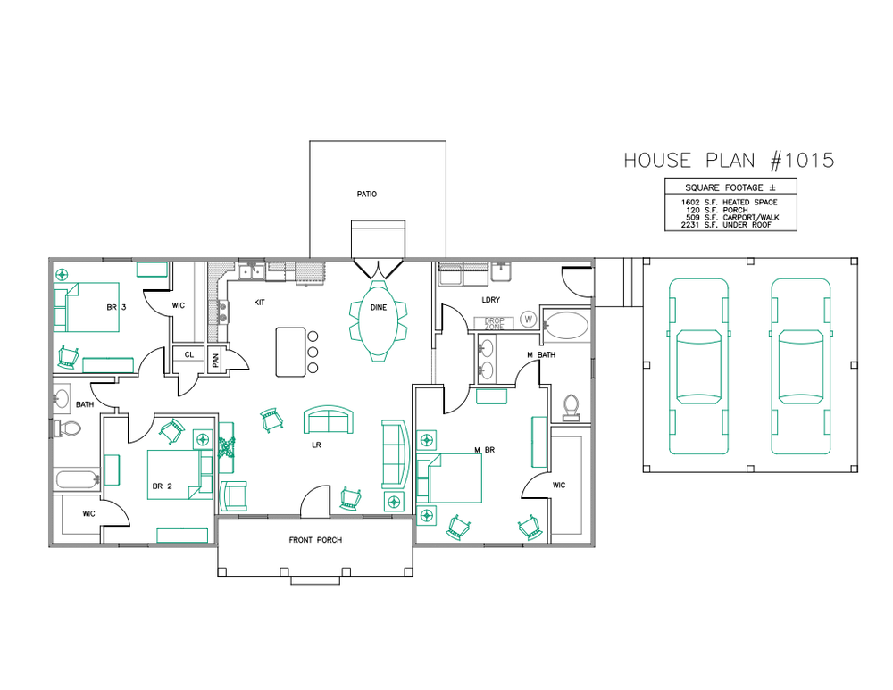 Ranch House Plans 1602 SF 3 Bed 2 Bath Open Floor - Split BR (Blueprints) #1015