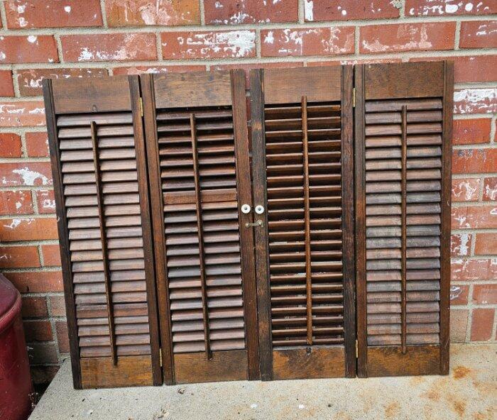 Vintage Wood Shutters Set Louvered Brass Hook White Knobs
