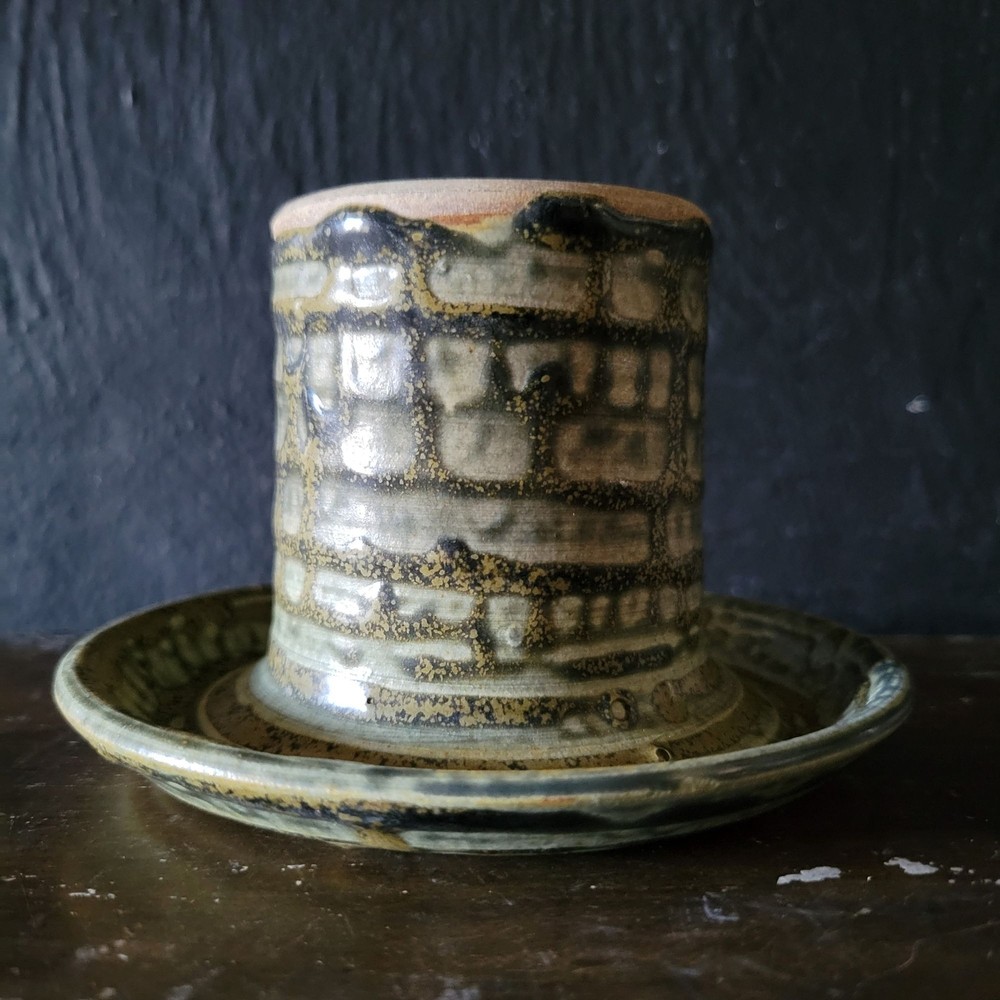 Vintage Studio Pottery Match Holder With Saucer Boho Rustic Decor