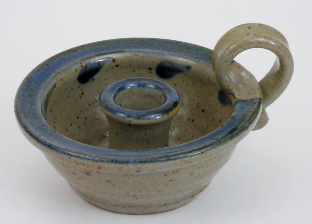 Handmade Pottery Finger Loop Candleholder Blue & Gray Speckled Pattern Marked