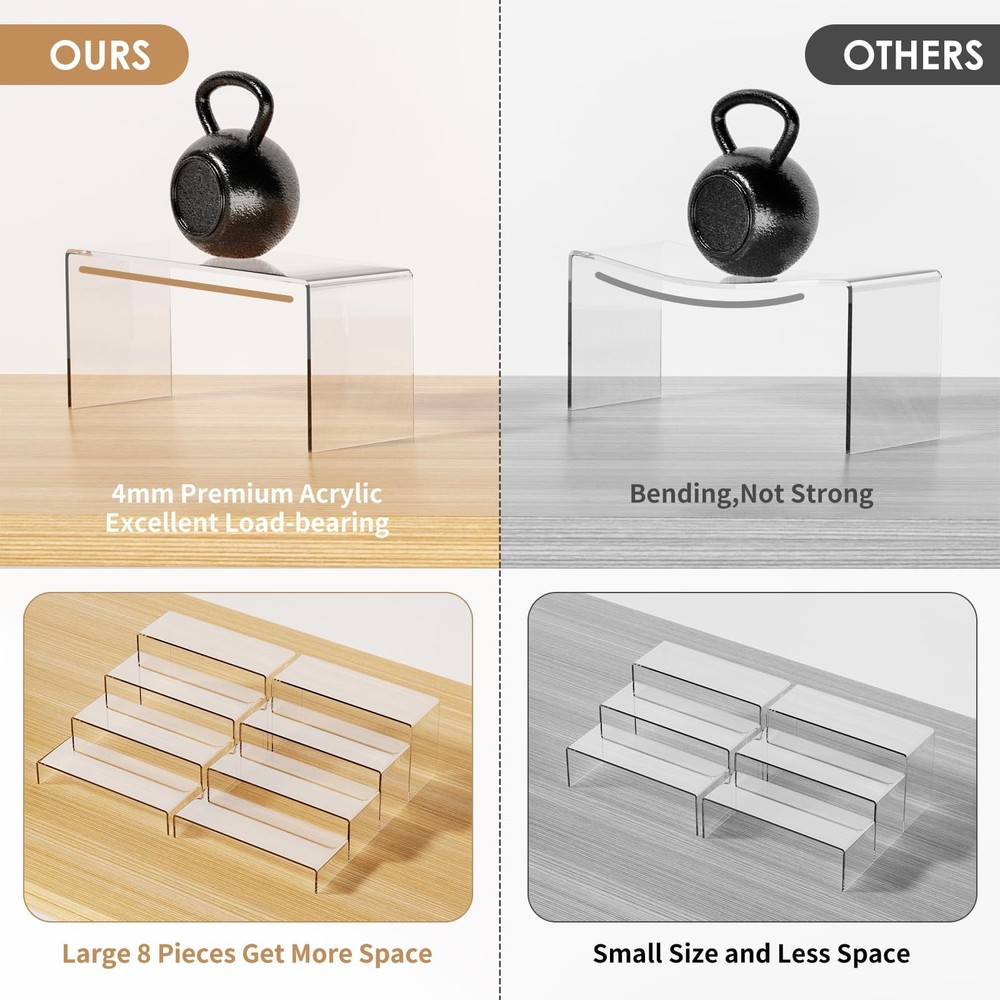 8 Pieces 2 Set (7”L~8”L~9”L) Large Display Risers, 4" Wide Clear Rectangular ...