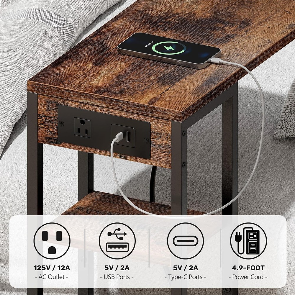 C Shaped End Table with Charging Station, Small Side Table for Couch Recliner,