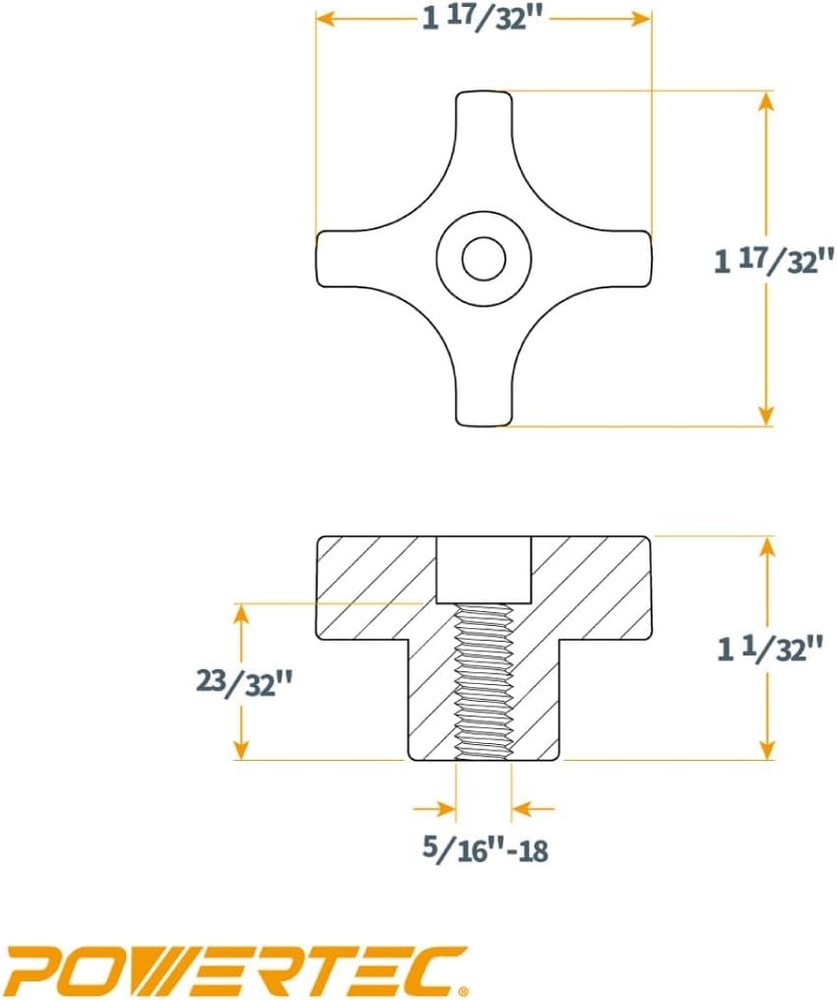 POWERTEC 5 Pack 5/16"-18 4 Point Knobs, Threaded Clamping Knobs