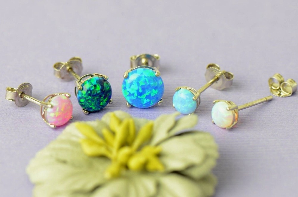925 Sterling Silver Round Opal stud Earrings