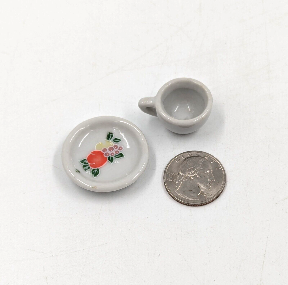 Miniature Ceramic Cup and Saucer - Peaches and Other Fruit Pattern