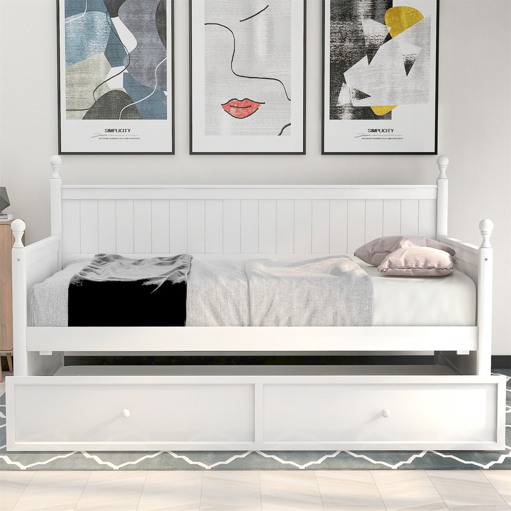 Twin Size Daybed Wood Bed Frame Sofa Bed with Pull-Out Trundle Bed White