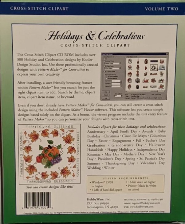 NOS HOBBY WARE PATTERN MAKER HOLIDAYS & CELEBRATIONS CROSS STITCH CLIPART CD-ROM