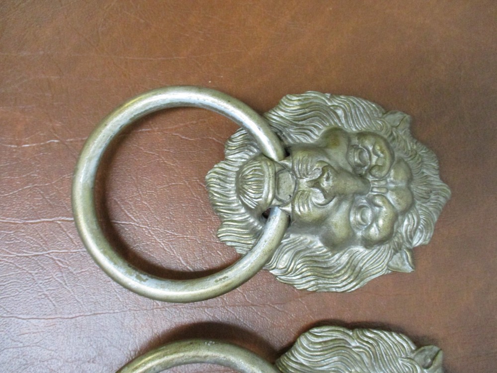 2 Vintage Large Brass Lion Head Drawer Pulls Knobs handles