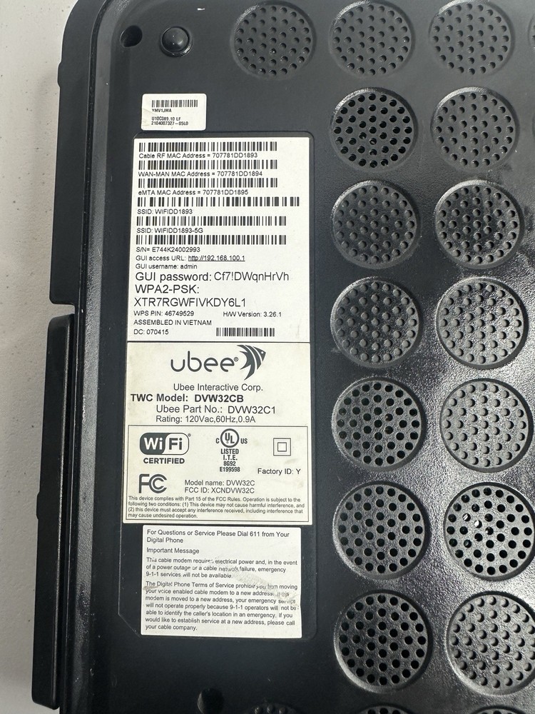 Ubee DVW32CB Advanced Wireless Voice Gateway Modem and Router
