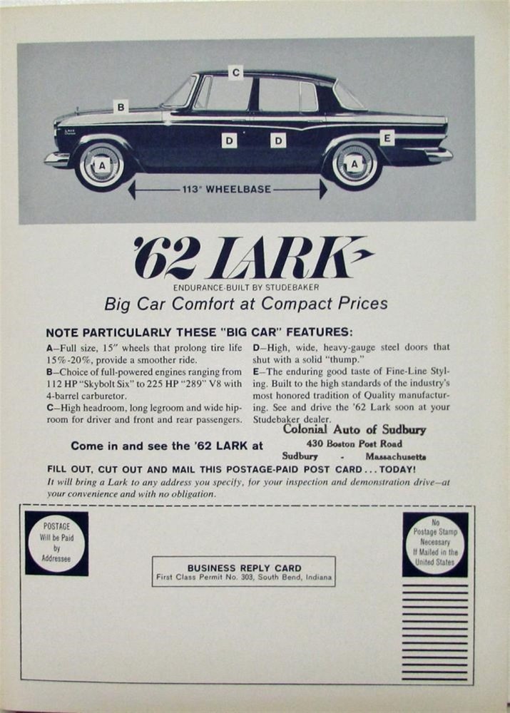 1962 Studebaker Lark Sales Folder Bus Reply Card For Test Drive Targeting Nurses