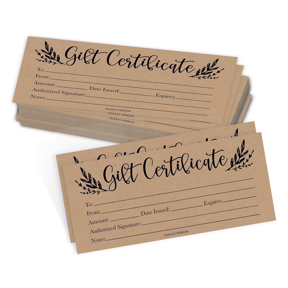 25 4x9 Rustic Blank Gift Certificates for Inches, Greenery