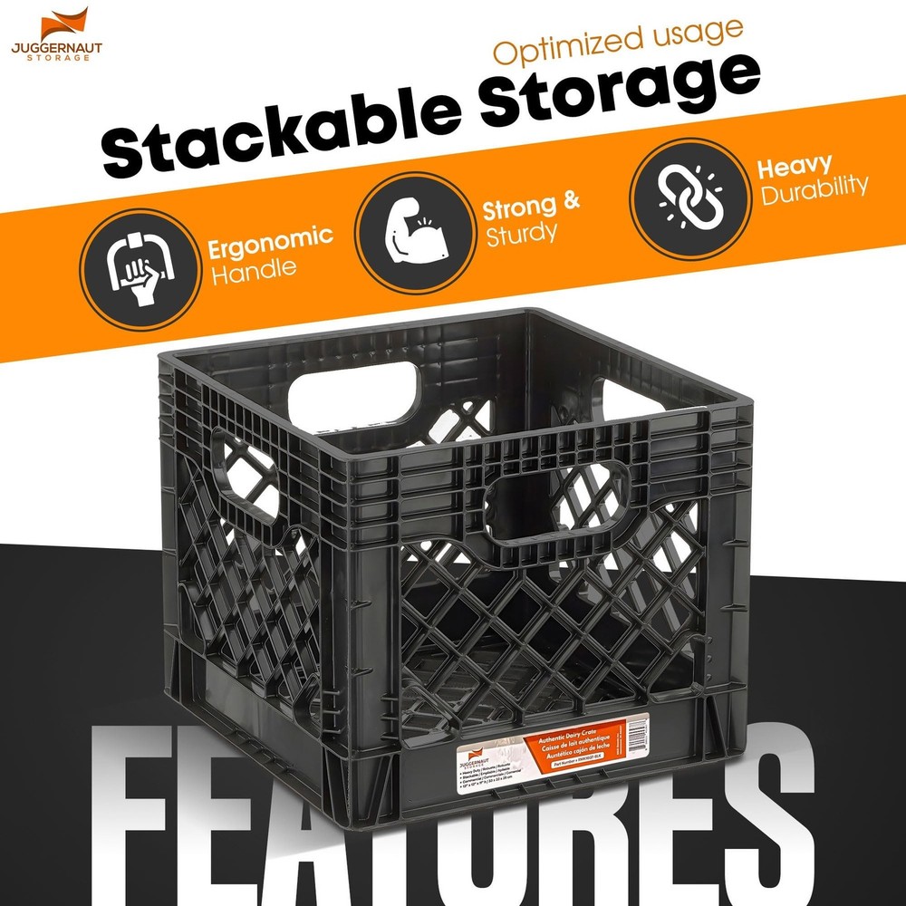 Juggernaut Storage 2-Pack Stackable Heavy Duty Milk Crates with Handles, 16 Q...