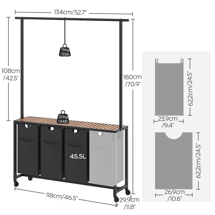 Laundry Sorter 4 Section, Rolling Laundry Hamper with Hanging Rack, Laundry S...