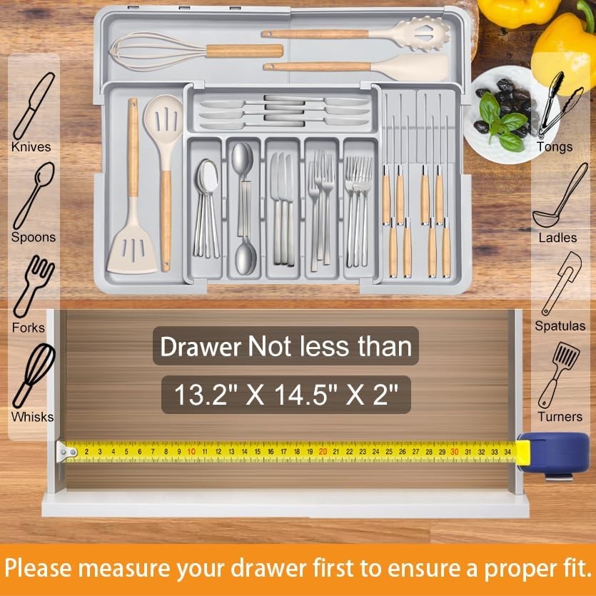Silverware Drawer Organizer for Kitchen, Adjustable Utensil Grey
