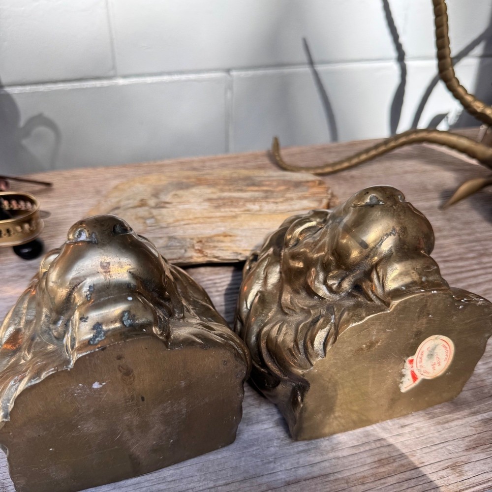 Solid Brass Lion Head Bookends Pair Heavy Vintage Hollywood Regency