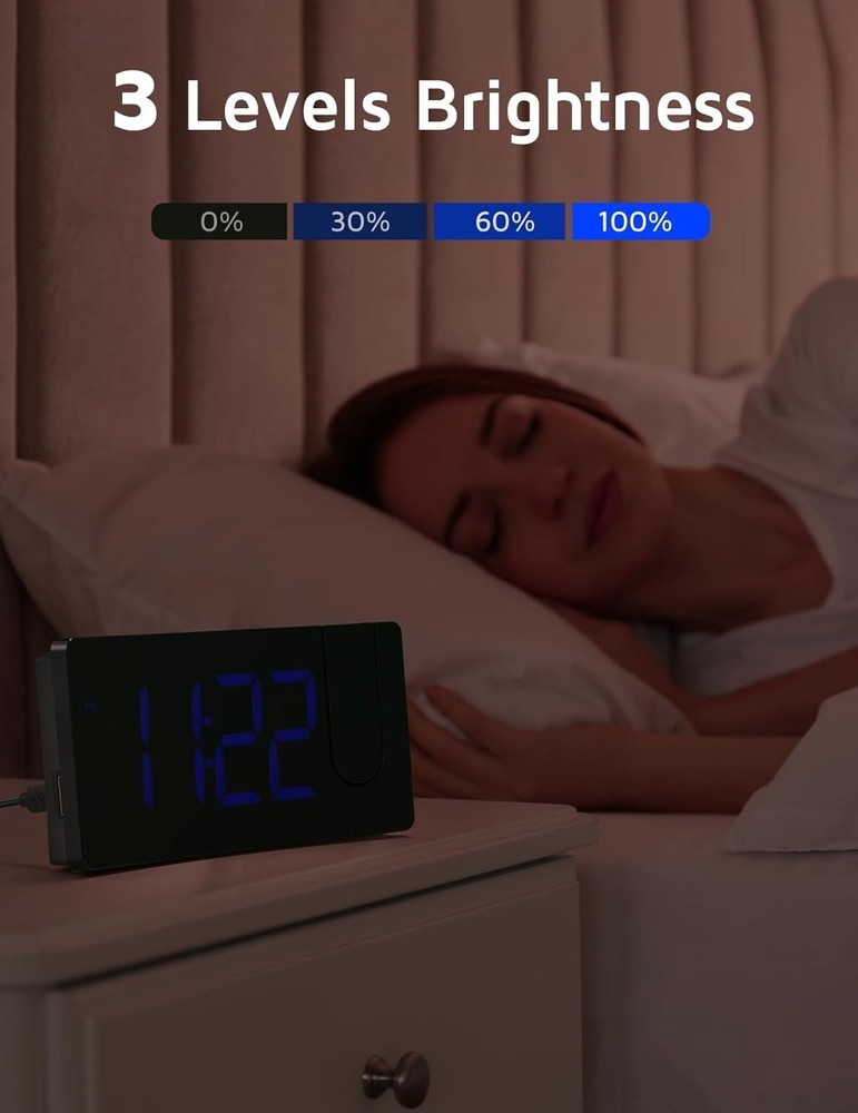 Projection Alarm Clock, Digital Clock with 180° Rotatable Projector, 3-Level .