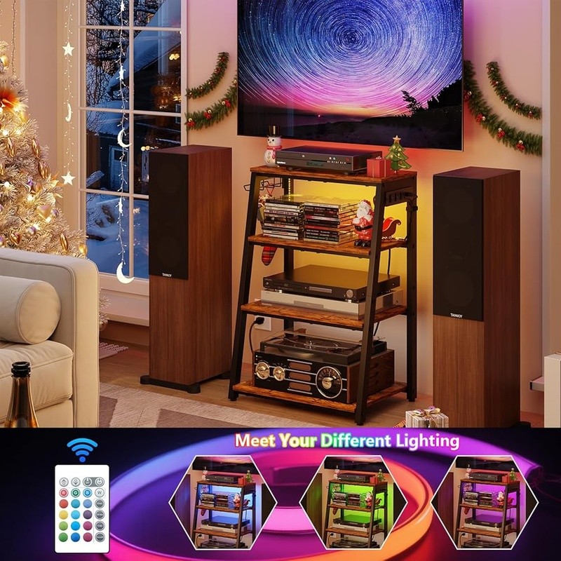 Audio Rack Stand USB Ports Adjustable Shelves LED Light Storage Solution