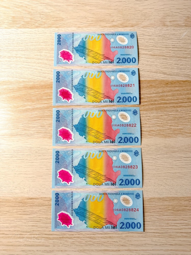 5 x Romania 2000 Lei 1999 Solar Eclipse Banknote UNC Consecutive Numbers