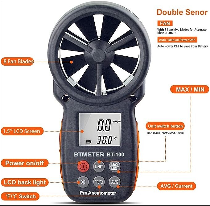 BTMETER BT-100 Handheld Digital Anemometer Wind Speed Meter 0.3~30m/s LCD Tester
